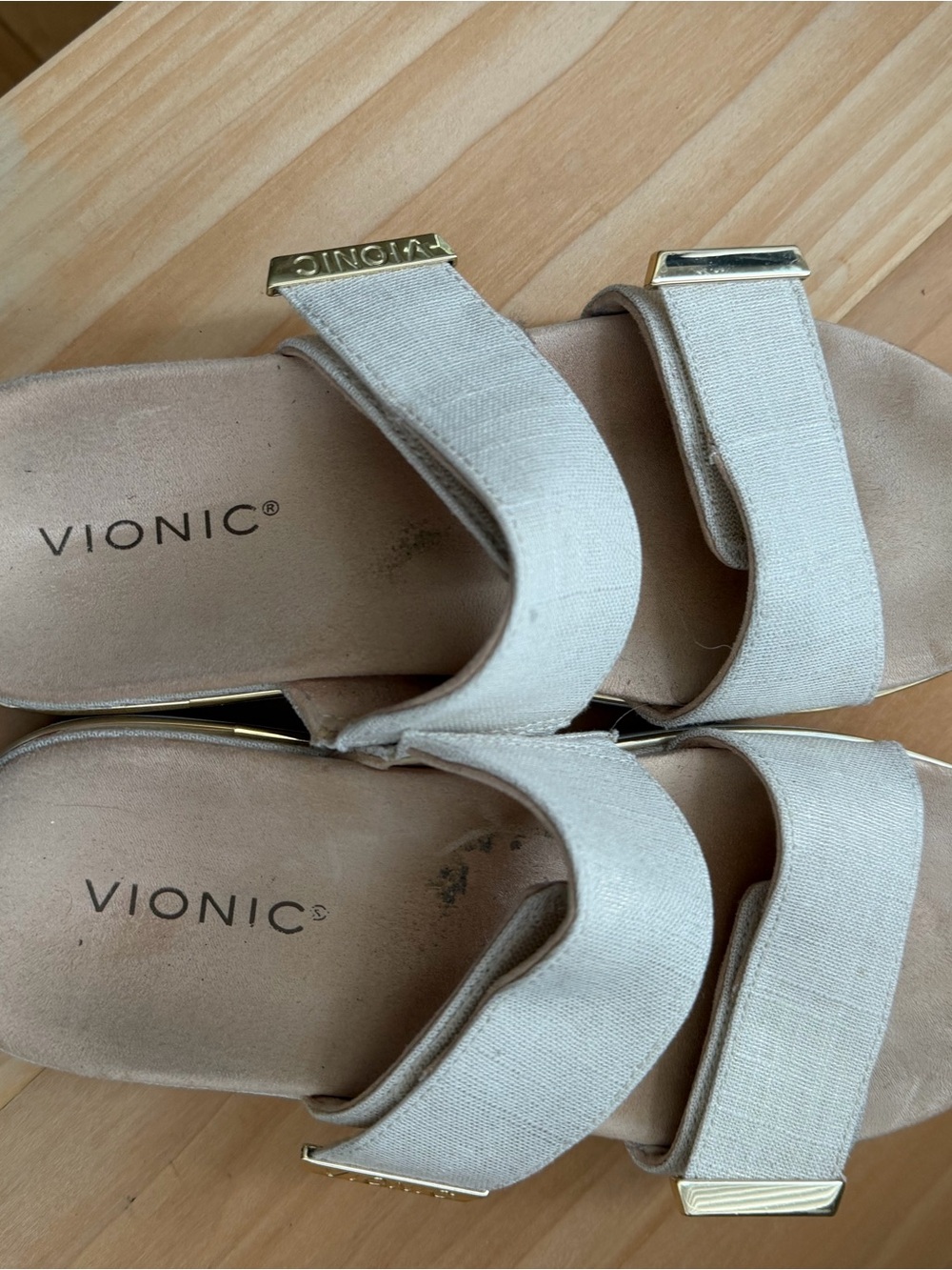 Vionic Women's Cream Slide Sandals with Gold Accents